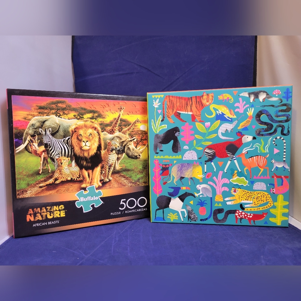 Lot Of 2 Jigsaw Puzzles 500 PC Rainforest (Mudpuppy) & African Animals (Buffalo)